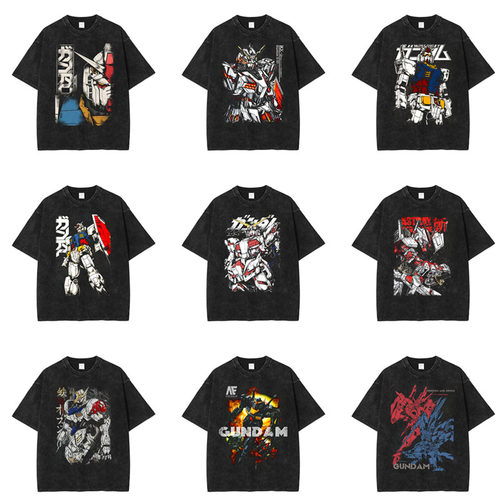 GUNDAM机动战士漫画高达印花复古纯棉水洗圆领宽松短袖T恤t-shirt