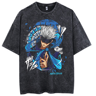 Jujutsu kaisen咒术回战五条悟跨境美式街头水洗做旧复古短袖T恤
