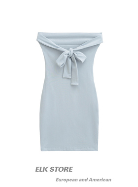 韩系纯欲辣妹性感蓝色绑带露背抹胸连衣裙一字肩小个子包臀短裙女