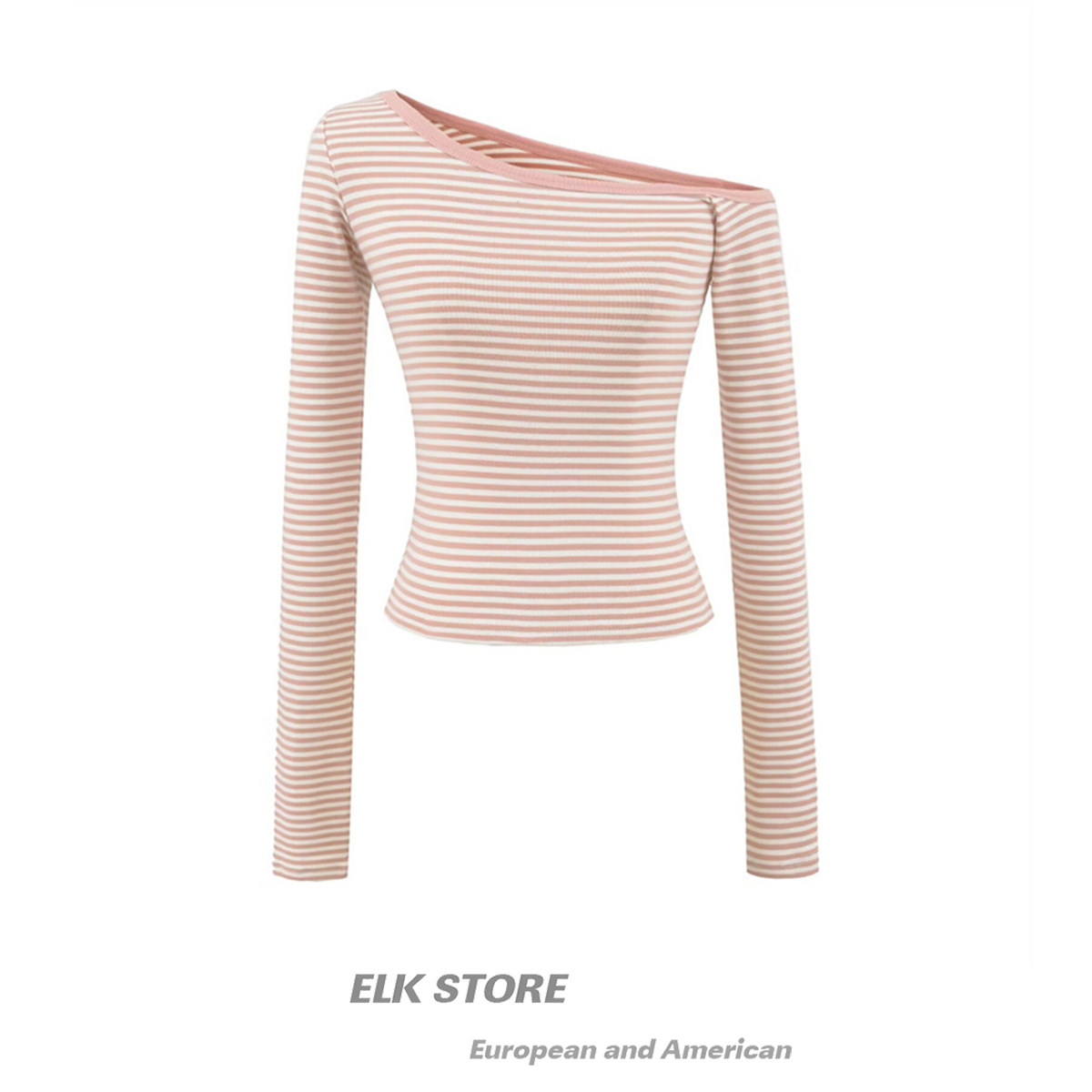 甜辣妹粉色条纹斜肩长袖t恤女早秋外穿纯欲短款打底衫露肩小上衣,女装/女士精品,T恤,淘宝优惠券,粉丝福利购,淘宝优惠卷