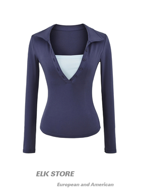 黑色复古假两件撞色polo深v领长袖t恤针织上衣性感显瘦辣妹打底衫