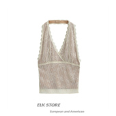 人鱼纯欲风裸色小众气质v领蕾丝长袖 上衣修身 挂脖内衬吊带背心女