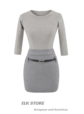 高智学姐修身灰色性感针织衫套装上衣早秋修身纯欲包臀半裙两件套