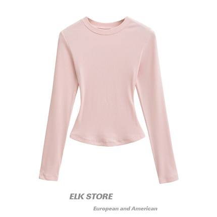 skims卡戴珊紧身长袖t恤女性感修身显瘦圆领纯色弹力运动打底上衣