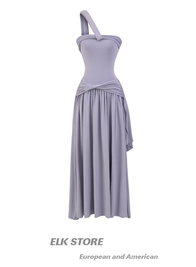 纯欲少女紫色辣妹长裙夏季性感一字露肩裙子挂脖吊带单肩连衣裙