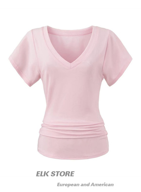 辣妹灰色v领正肩短袖t恤夏季新款修身收腰简约纯色百搭褶皱上衣女