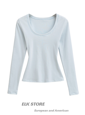 ELK STORE性感辣妹紧身长袖u领t恤女纯欲风修身运动休闲健身上衣