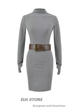 辣妹性感黑色紧身长袖连衣裙配腰带修身半高领打底裙包臀内搭裙子