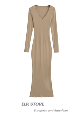 卡戴珊同款秋季性感辣妹修身显瘦包臀黑色v领长袖连衣裙平替长裙