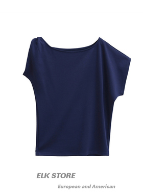 美式黑色斜肩宽松慵懒短袖t恤女夏季新款设计感辣妹显瘦露肩上衣