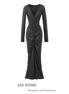 轻熟灰色坎肩两件套抽褶连衣裙长袖v领吊带长裙性感收腰修身裙子