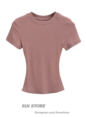 ELK STORE纯欲风螺纹紧身短袖T恤女性感修身圆领健身弹力运动上衣