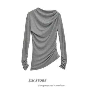 解构美学修身 不规则遮肉打底衫 显瘦上衣t恤 斜肩荡领褶皱长袖 法式