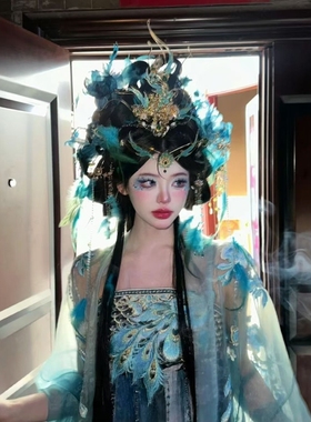 孔雀公主蓝色汉服羽毛发饰古风发簪重工神女古风头饰中式汉服发饰