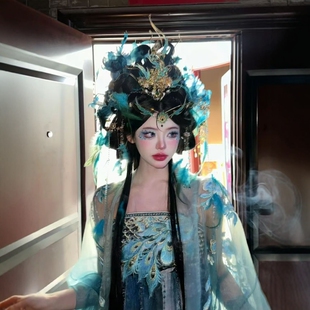 孔雀公主蓝色汉服羽毛发饰古风发簪重工神女古风头饰中式汉服发饰