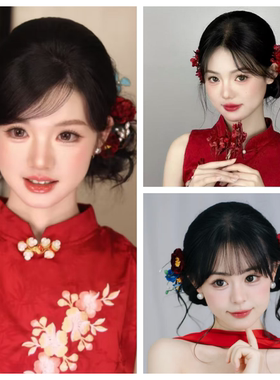 新中式红色花朵新娘发夹敬酒服
