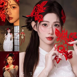 中式国风结婚红色剪纸头饰汉服旗袍晨袍新娘发簪喜鹊配饰发饰造型