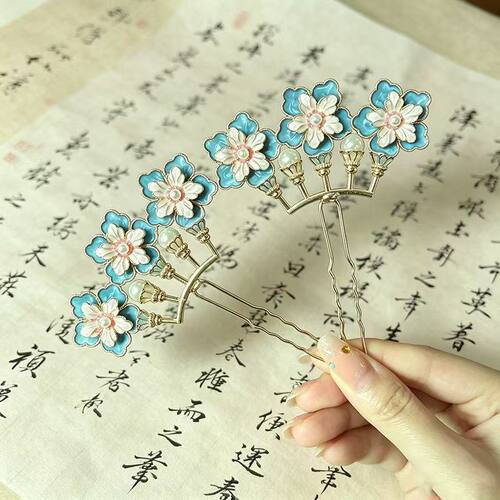 古风手工蓝花U型发簪新娘汉服