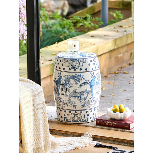 迷屿家居新中式青花陶瓷换鞋凳鼓墩卧室坐墩矮凳圆凳陶瓷浴室凳子