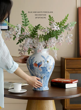 迷屿新中式“双雀幽兰”陶瓷花瓶手绘鎏金青花景德镇花器装饰摆件