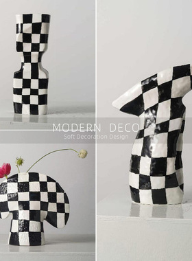 轻奢网红ins风黑白棋盘格陶瓷花瓶样板间售楼部书房装饰花器摆i.