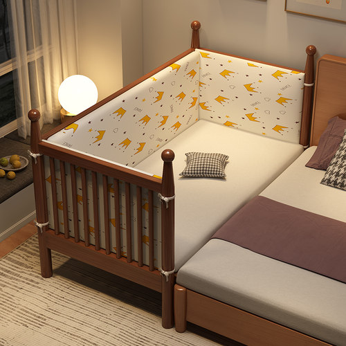 榉儿童床拼接床大床带护栏床边加宽高低可调宝宝婴儿实木小床定制