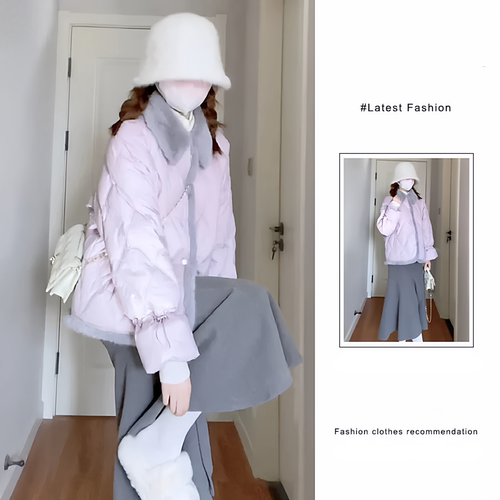 小香风轻薄浅紫色棉服半身裙套装