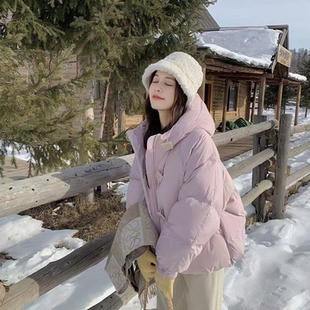 花栗鼠小姐冰岛方糖 方扣三防白鸭绒小个子紫色短款羽绒服女冬装