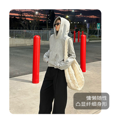 灰色短款连帽卫衣内搭女款2025新