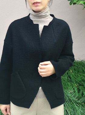 o2life新款黑色短款简约大方羊毛外套休闲短大衣