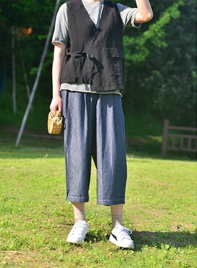新款亚麻棉色织牛仔色宽松休闲七分裤
