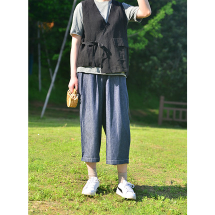 新款亚麻棉色织牛仔色宽松休闲七分裤