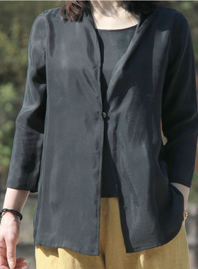 黑色铜氨丝上衣女高级感独特设计气质薄款假两件九分袖2022新品夏