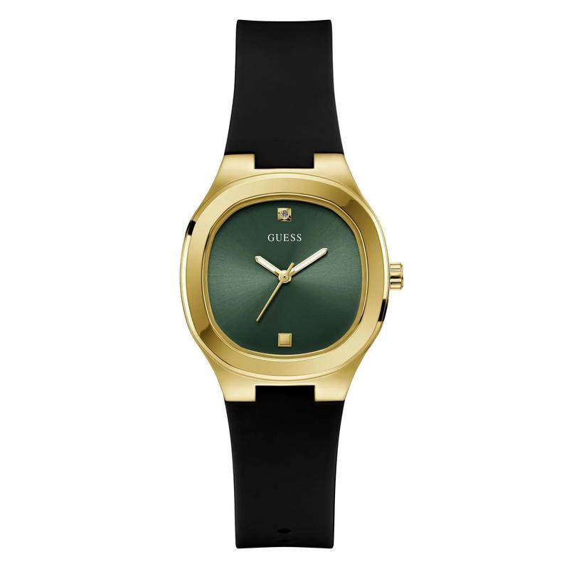 代购GUESS女士腕表时间显示夜光指针防水日期窗黑色金色硅胶带
