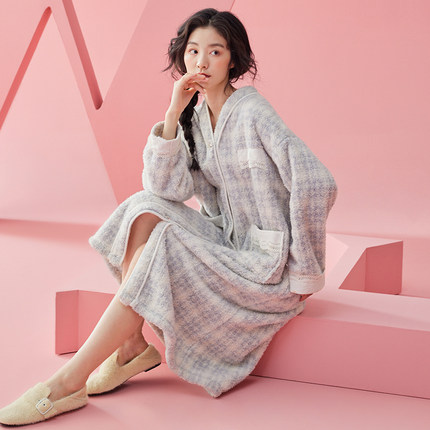 华小彩珊瑚绒睡袍女款冬季加厚加绒高级感保暖甜美公主风睡衣浴袍