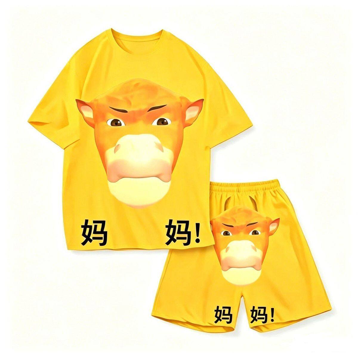 新品牛来3D印花短袖短裤睡衣套装