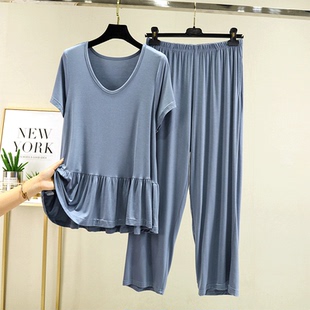 可外穿睡衣套装 荷叶边家居服两件套女夏季 宽松T恤休闲裤 薄款 大码