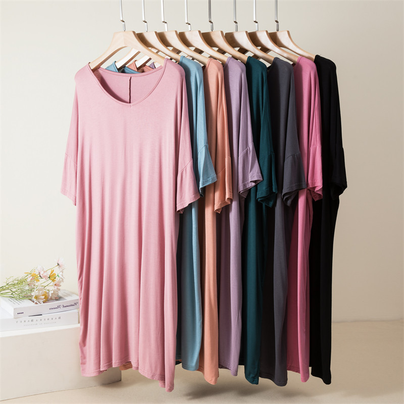 夏季v领睡裙女新款莫代尔休闲家居服短袖睡衣裙宽松连衣裙长裙子