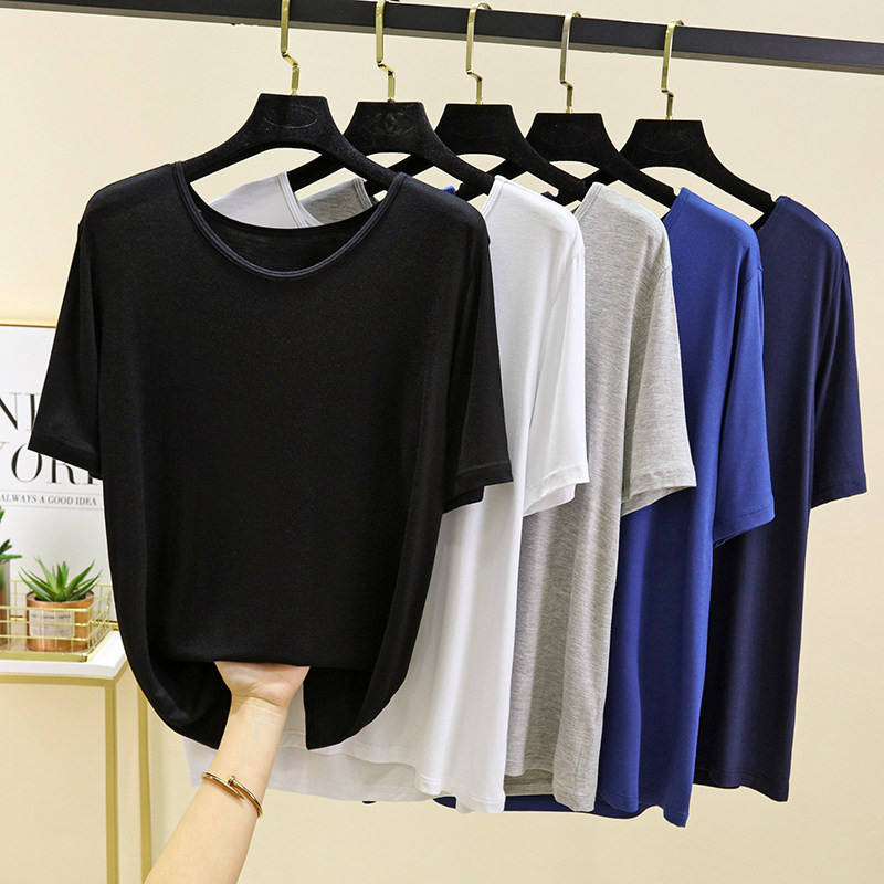 莫代尔棉圆领简约百搭休闲短袖t恤宽松显瘦大码打底衫女士上衣