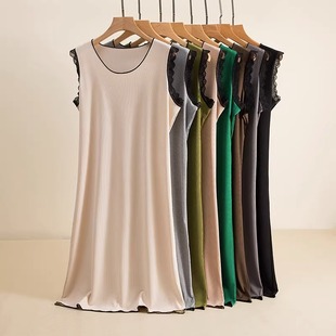 家居服睡裙蕾丝边长裙 无袖 莫代尔螺纹背心裙女夏季 宽松连衣裙大码