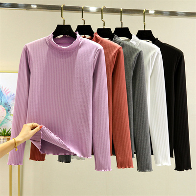 木耳边德绒打底衫女秋冬加绒保暖T恤加厚内搭修身半高领外穿上衣