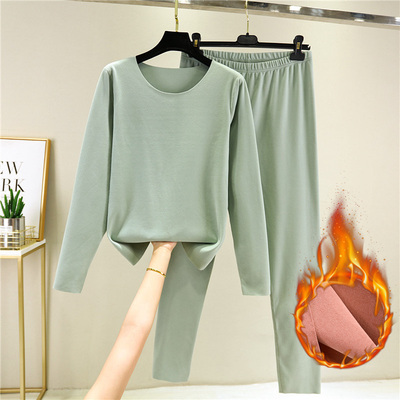 秋冬双面绒磨毛打底衫女德容自发热秋衣秋裤大码加绒加厚保暖套装