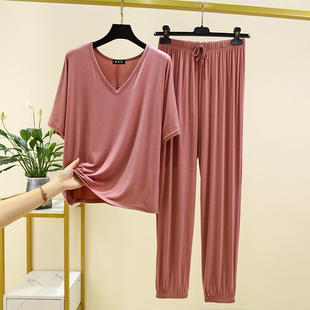 外穿家居服纯色宽松睡衣两件套 莫代尔V领短袖 休闲裤 套装 女夏薄款