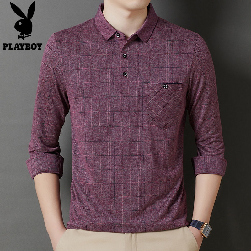 花花公子真口袋长袖t恤男春秋薄款中年爸爸装纯棉格子体恤polo衫