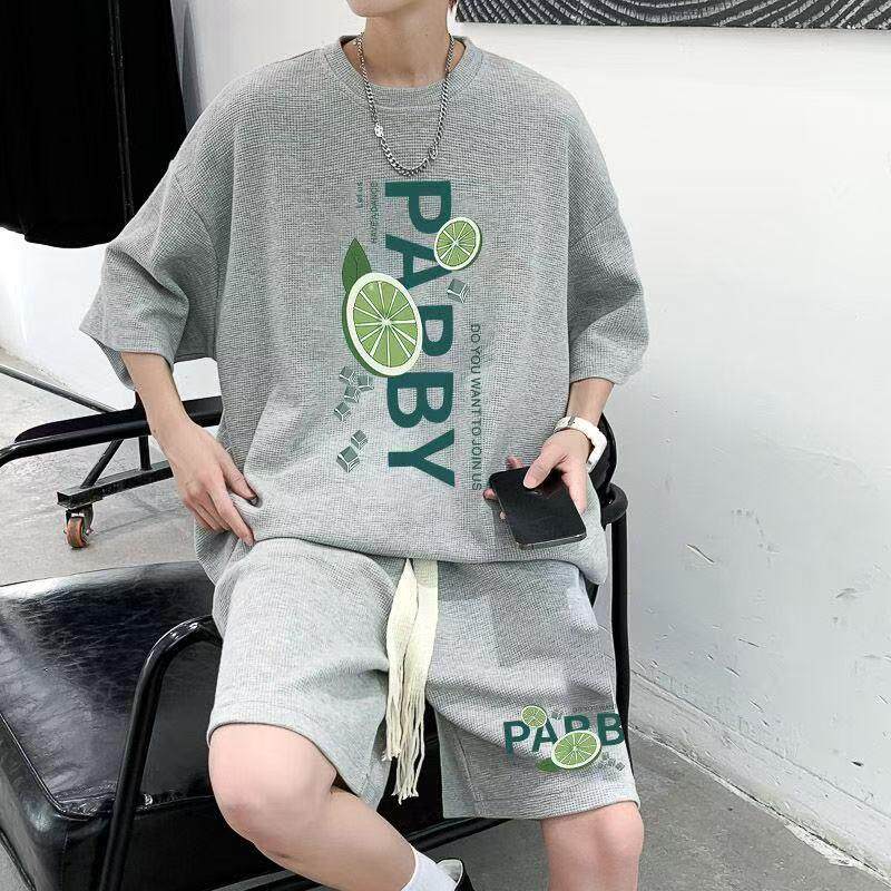 华夫格短袖t恤男夏季休闲运动短裤套装潮流青少年宽松印花两件套