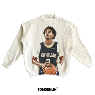 tomsenlin普尔罚球复古美式康丽印花慵懒休闲毛衣