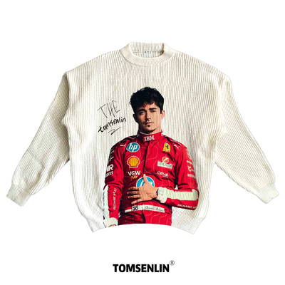 tomsenlin夏尔·勒克莱尔F1车手针织美式康丽印花慵懒休闲毛衣