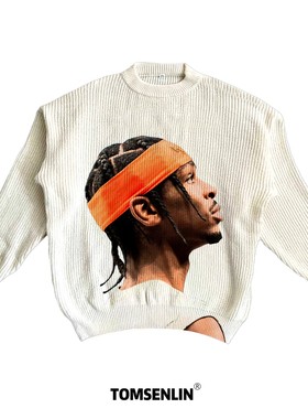 tomsenlin亚历山大SGA鸭梨侧脸橙色发带美式康丽印花慵懒休闲毛衣