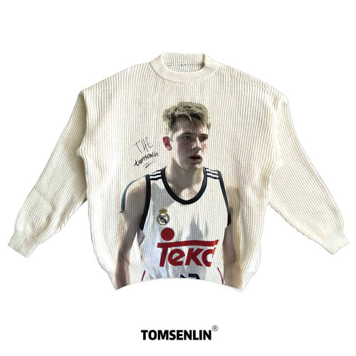 tomsenlin青少年版东契奇美式康丽印花慵懒休闲毛衣