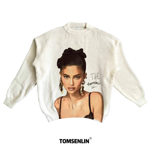 tomsenlin-Kylie凯莉·詹娜人像美式康丽印花慵懒休闲毛衣